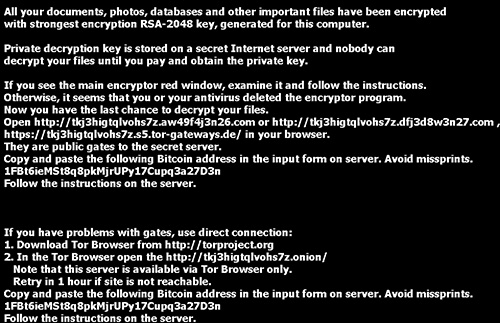 Figure 2. Ransom message set as desktop background by TeslaCrypt. (Source: Dell SecureWorks)